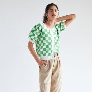 Anthropologie Button Front Checked Puff Sleeve Crew Neck Sweater Cardigan (NWT)